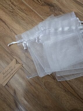 Sheer White Organza Drawstring Favor Bags W/ Tags- Set